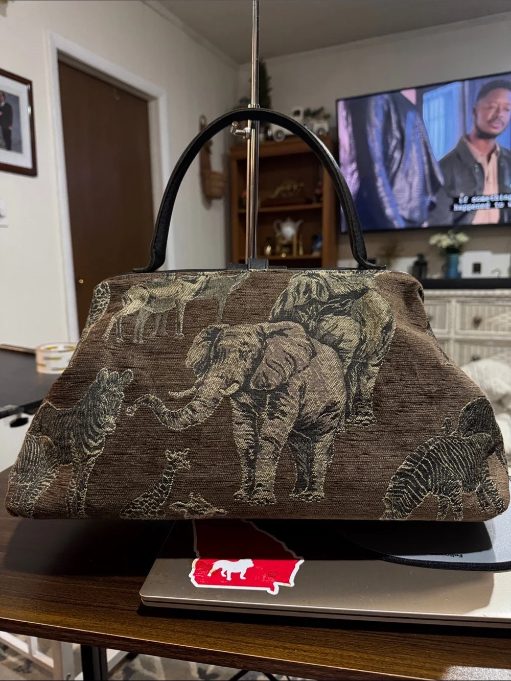 Raviani Brown and Black Elephant Tapestry Satchel